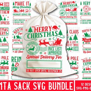 May include: A large, cream-colored Santa sack with red and green text and graphics. The sack features the words "Merry Christmas," reindeer, and a Santa Claus graphic. Additional designs include "Special Delivery" and "North Pole Post."
