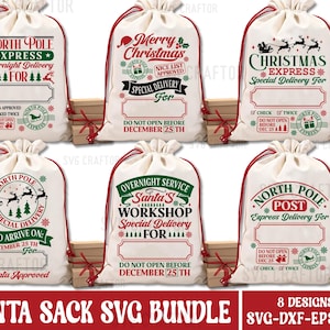 Puede incluir: Un conjunto de ocho dise&ntilde;os digitales para sacos de Pap&aacute; Noel. Los dise&ntilde;os presentan varios temas navide&ntilde;os, que incluyen "North Pole Express", "Santa's Workshop" y "Christmas Express". Los dise&ntilde;os son en rojo, verde y blanco.