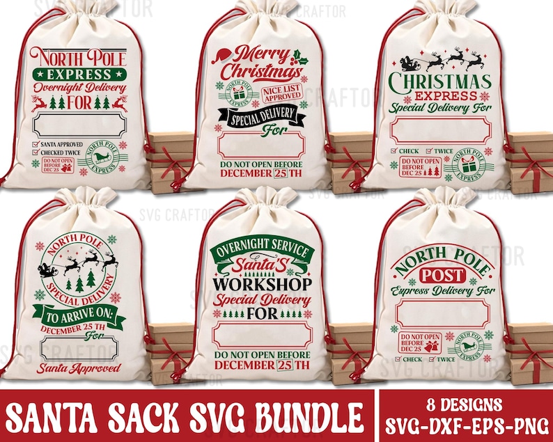 Puede incluir: Un conjunto de ocho dise&ntilde;os digitales para sacos de Pap&aacute; Noel. Los dise&ntilde;os presentan varios temas navide&ntilde;os, que incluyen "North Pole Express", "Santa's Workshop" y "Christmas Express". Los dise&ntilde;os son en rojo, verde y blanco.