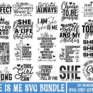 Pode incluir: Um download digital de 20 arquivos de corte SVG com citações inspiradoras sobre mulheres. As citações incluem frases como "Ela é forte", "Ela é eu", "Seja gentil sempre" e "Escolha ser grato".