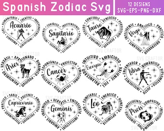 May include: Black and white illustrations of the 12 zodiac signs in heart shapes. Each heart has the zodiac sign's name in Spanish and a list of personality traits in Spanish.