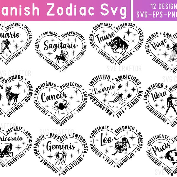 Spanish Zodiac Bundle Svg Dxf Eps Png, Zodiac Heart Svg, Zodiac Svg Designs, Horoscope SVG Bundle, Positive Zodiac shirts Svg, Zodiac Quotes