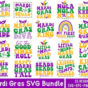 Könnte beinhalten: Ein Set mit 25 Mardi Gras SVG-Designs mit verschiedenen Sprüchen und Bildern, darunter "Mardi Gras Dude", "Mardi Gras Diva", "Happy Mardi Gras", "Let the Good Times Roll", "Little Mr. Mardi Gras", "Little Miss Mardi Gras", "Love Love Love", "King Cake Calories Don't Count" und mehr. Die Designs sind in verschiedenen Farben gehalten, darunter Lila, Grün, Gold und Gelb.
