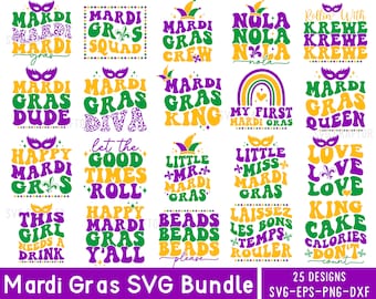 Puede incluir: Un conjunto de 25 diseños SVG de Mardi Gras con varias frases e imágenes, incluyendo "Mardi Gras Dude", "Mardi Gras Diva", "Happy Mardi Gras", "Let the Good Times Roll", "Little Mr. Mardi Gras", "Little Miss Mardi Gras", "Love Love Love", "King Cake Calories Don't Count", y más. Los diseños están en una variedad de colores, incluyendo morado, verde, dorado y amarillo.