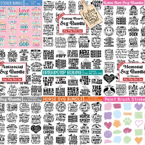 May include: A digital collage of various SVG design bundles for crafting, including Bible verses, anti-social quotes, friendship quotes, memorial quotes, crafting quotes, horse-themed designs, and paint brush strokes. The designs are in black and white and are arranged in a grid pattern.