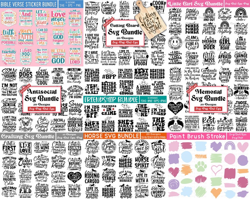 May include: A digital collage of various SVG design bundles for crafting, including Bible verses, anti-social quotes, friendship quotes, memorial quotes, crafting quotes, horse-themed designs, and paint brush strokes. The designs are in black and white and are arranged in a grid pattern.