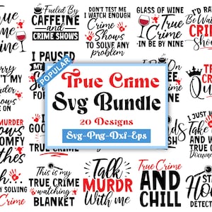 Puede incluir: Un paquete de descarga digital de 20 diseños SVG de True Crime. Los diseños presentan varias frases y gráficos relacionados con el crimen real, que incluyen "True Crime Queen", "True Crime & Wine", "Pausé mi programa por esto", "Murder Shows & Comfy Clothes", "Hablemos de asesinatos conmigo" y "True Crime And Chill".
