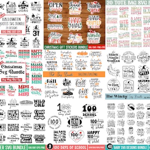 May include: A collection of digital design bundles for crafting projects. The bundles include designs for tote bags, Christmas, fall, Halloween, baby, toddler, and 100 days of school. The designs feature a variety of colors, fonts, and illustrations.
