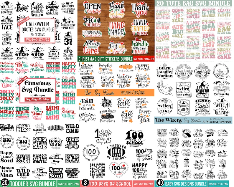 May include: A collection of digital design bundles for crafting projects. The bundles include designs for tote bags, Christmas, fall, Halloween, baby, toddler, and 100 days of school. The designs feature a variety of colors, fonts, and illustrations.