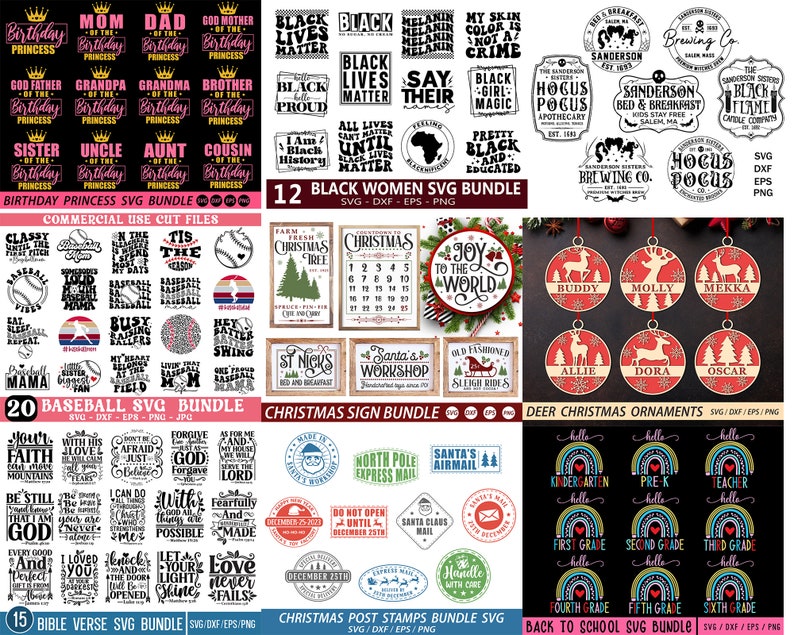 May include: A collection of digital cut files for crafting projects. The files include designs for birthday princesses, black women, baseball, Christmas signs, deer ornaments, and back to school. The designs are in SVG, DXF, EPS, and PNG formats.