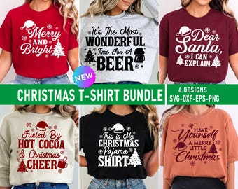 Puede incluir: Colección de seis camisetas navideñas con varios diseños festivos. Las camisetas son de color rojo, gris, burdeos, beige, negro y naranja. Cada camiseta presenta texto y gráficos relacionados con las fiestas, incluyendo gorros de Papá Noel, copos de nieve y árboles de Navidad. El paquete incluye archivos SVG, DXF, EPS y PNG.