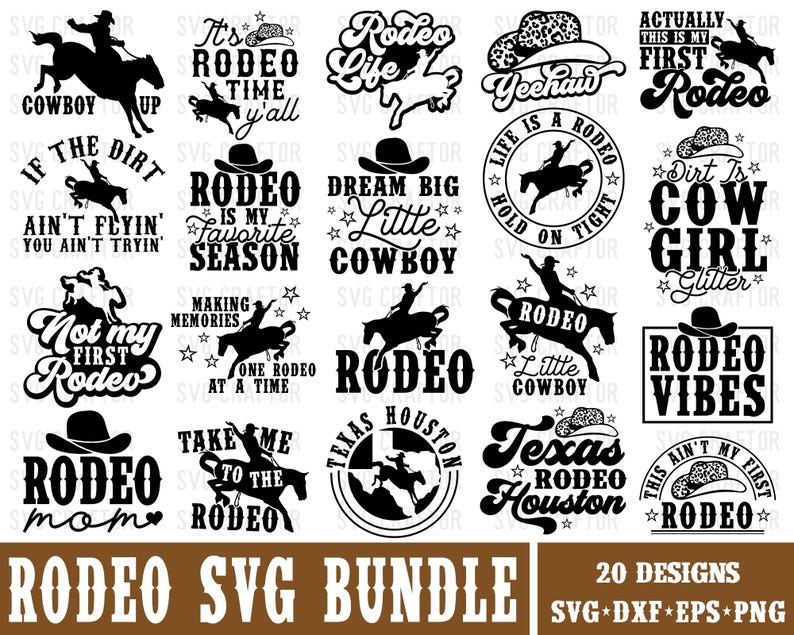 Op de afbeelding: Een set van 20 zwart-witte rodeo-thema SVG-ontwerpen. De ontwerpen bevatten zinnen zoals "It's Rodeo Time Y'all", "Rodeo Life", "Dream Big Little Cowboy", "Not My First Rodeo", "Rodeo Mom", "Texas Rodeo Houston", "Rodeo Vibes" en "This Ain't My First Rodeo".
