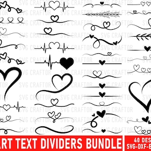 May include: A bundle of 40 black heart-themed text dividers in diverse styles. Designs include heart shapes, lines, and decorative elements. The phrase "HEART TEXT DIVIDERS BUNDLE" is displayed in red text at the bottom.