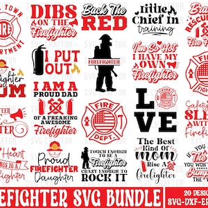 May include: A digital download of 20 firefighter-themed SVG designs. The designs feature red, black, and white text and graphics, including a firefighter helmet, a fire hydrant, and an American flag. The text includes phrases like "Firefighter Mom", "Proud Firefighter Daughter", and "The Best Kind of Mom".