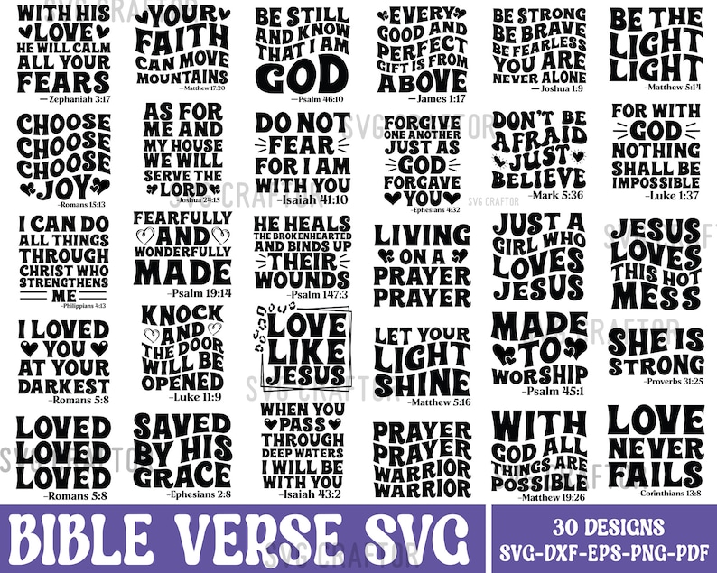 K&ouml;nnte beinhalten: Ein digitaler Download von 30 schwarz-wei&szlig;en Bibelvers-Designs. Die Designs zeigen verschiedene inspirierende Zitate und Schriftzitate. Die Designs sind perfekt f&uuml;r die Erstellung von Bastelarbeiten, Karten und anderen Projekten.