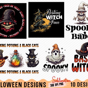 Puede incluir: Un conjunto de 10 diseños de sublimación con temática de Halloween que presentan ilustraciones de brujas, fantasmas, calabazas, pociones y gatos negros. Los diseños incluyen texto como "Resting Witch Face", "Spooky Babe", "Basic Witch" y "Pumpkins Potions & Black Cats".