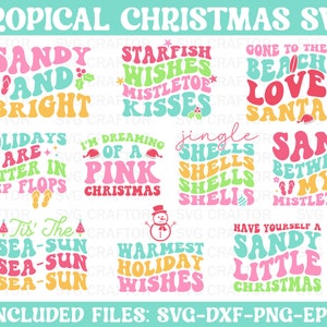 Paquete SVG de Navidad tropical retro, Navidad costera y playera, Navidad, Navidad de verano, SVG de arena, SVG de sol marino, SVG de Navidad tropical