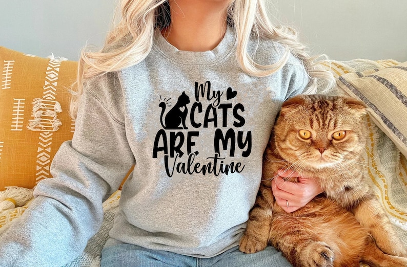 Pu&ograve; includere: Una felpa grigia con il testo "My cats are my Valentine" in lettere nere e una silhouette nera di un gatto con un cuore sul petto. Una persona indossa la felpa e tiene un gatto tabby marrone.
