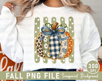 Calabaza estilo preppy a rayas con purpurina PNG, lazo floral, camisa acogedora de otoño (descarga digital)
