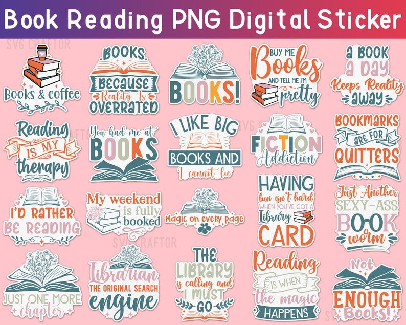 Book Reading Sticker Bundle: PNG Printable Stickers (digital Download ...