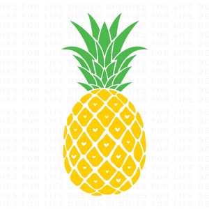 May include: A yellow pineapple with a green leafy top. The pineapple is stylized with white hearts on the fruit.