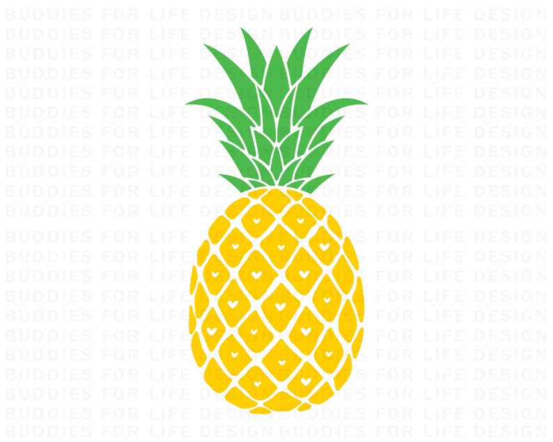 May include: A yellow pineapple with a green leafy top. The pineapple is stylized with white hearts on the fruit.