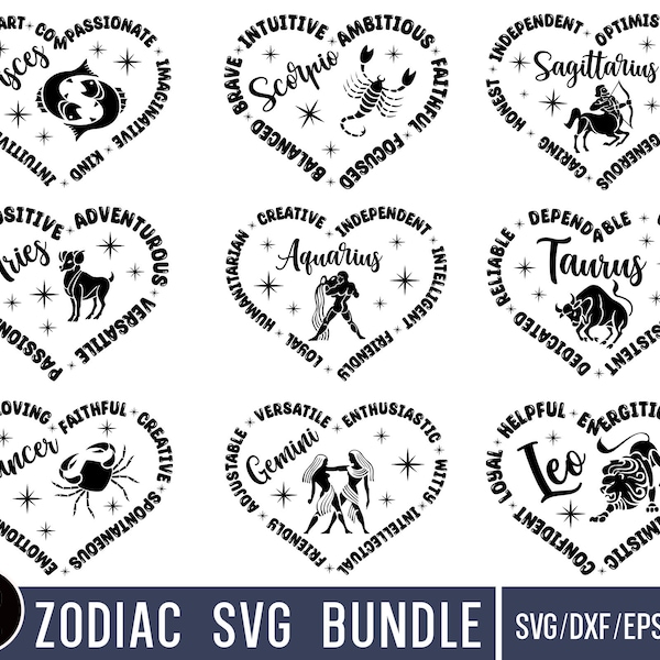 Zodiac Heart SVG Bundle: Horoscope Designs (Digital Download)
