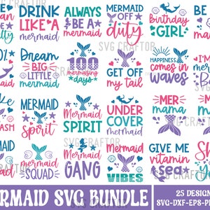 May include: A set of 25 mermaid-themed SVG designs, perfect for crafting projects. The designs feature a variety of mermaid-related phrases and images, including "Mermaid Spirit", "Mermaid Squad", "100% Mermaid", "Mermaid Gang", and "Give Me Vitamin Sea".