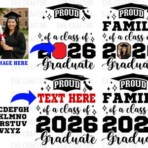 Peut inclure: Un design num&eacute;rique sur le th&egrave;me de la remise des dipl&ocirc;mes. Le design comprend les mots "PROUD" et "FAMILY", ainsi que "of a class of 2026 Graduate". Il y a aussi un espace pour une image et du texte.
