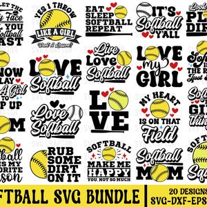 以下が含まれることがあります： ソフトボールをテーマにしたSVGデザイン20点セット。デザインには、「ソフトボール愛してる」「ソフトボールは私の好きなシーズン」「ソフトボールだよ、みんな」など、ソフトボールに関連するさまざまなフレーズや画像が盛り込まれています。