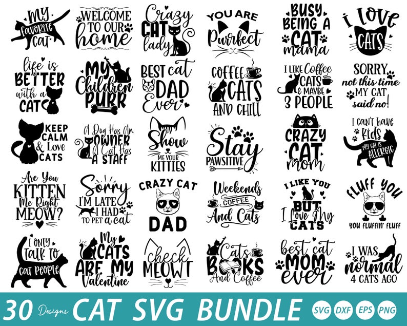 Pu&ograve; includere: Un set di 30 design SVG a tema gatto in bianco e nero. I design presentano varie frasi e immagini legate ai gatti, come "Il mio gatto preferito", "Pazza per i gatti", "Miglior pap&agrave; gatto di sempre", "Rimani positivo", "Mamma pazza per i gatti", "Amo i miei gatti" e "Miglior mamma gatto di sempre".