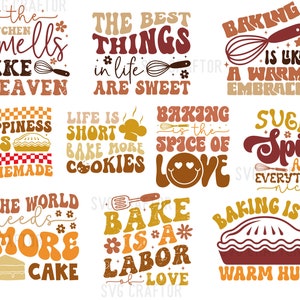 Könnte beinhalten: Ein Set mit 10 digitalen druckbaren Designs mit Back-Motiven in Retro-Stil in den Farben Braun, Orange und Gelb. Die Zitate beinhalten "Die Küche riecht nach Himmel", "Die besten Dinge im Leben sind süß", "Backen ist wie eine warme Umarmung", "Glück ist selbstgemacht", "Das Leben ist kurz, backe mehr Kekse", "Backen ist die Würze der Liebe", "Zucker, Gewürze und alles, was schön ist", "Die Welt braucht mehr Kuchen", "Backen ist eine Liebesarbeit", und "Backen ist eine warme Umarmung".