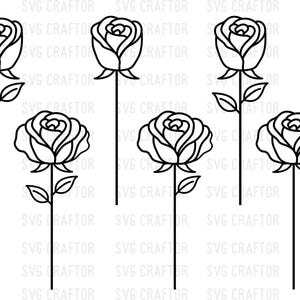 May include: Black and white line art of six roses on stems. The roses are in various stages of bloom, with detailed petals and leaves. The image has a clean, minimalist design, suitable for crafting projects.