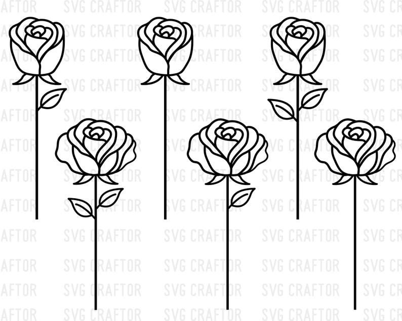 May include: Black and white line art of six roses on stems. The roses are in various stages of bloom, with detailed petals and leaves. The image has a clean, minimalist design, suitable for crafting projects.