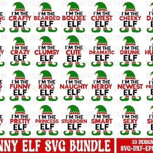 Könnte beinhalten: Ein Set mit 33 digitalen SVG-Designs mit lustigen Elfen-Illustrationen mit verschiedenen Sprüchen wie "Ich bin der flinke Elf" und "Ich bin der hungrige Elf". Die Designs sind perfekt zum Erstellen von festlichen Bastelarbeiten, personalisierten Geschenken und Weihnachtsdekorationen.