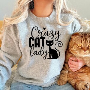 Pu&ograve; includere: Una felpa grigia con la scritta "Crazy Cat Lady" e un'illustrazione di un gatto nero. Una persona indossa la felpa e tiene un gatto tabby marrone.