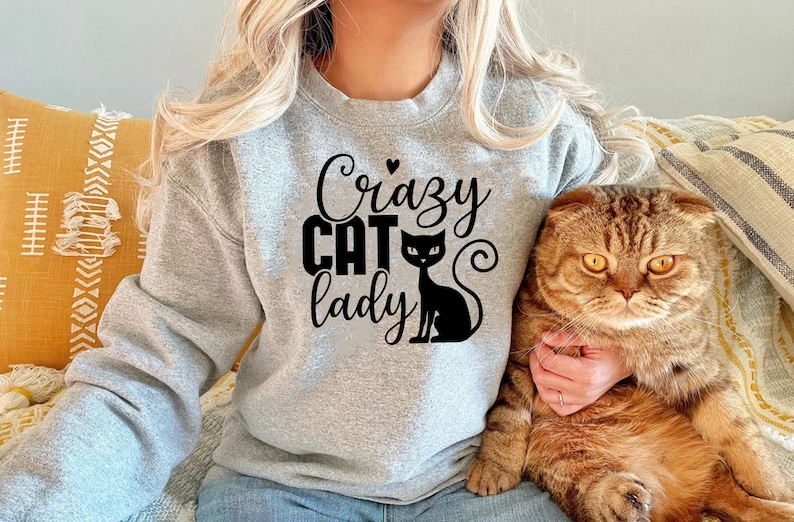 Pu&ograve; includere: Una felpa grigia con la scritta "Crazy Cat Lady" e un'illustrazione di un gatto nero. Una persona indossa la felpa e tiene un gatto tabby marrone.