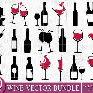 Puede incluir: Un conjunto de 20 ilustraciones vectoriales de temática vinícola en negro y rojo. Las ilustraciones incluyen botellas de vino, vasos y diseños relacionados con el vino. El texto "WINE VECTOR BUNDLE" está en la parte inferior de la imagen. El texto "SVG/DXF/EPS PNG/JPG" está en la parte inferior derecha de la imagen.