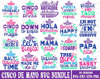 May include: A Cinco de Mayo SVG bundle with 20 designs. Each design features a sombrero and text in various colors, including pink, blue, and green. Phrases include "margarita," "tequila," and "fiesta."