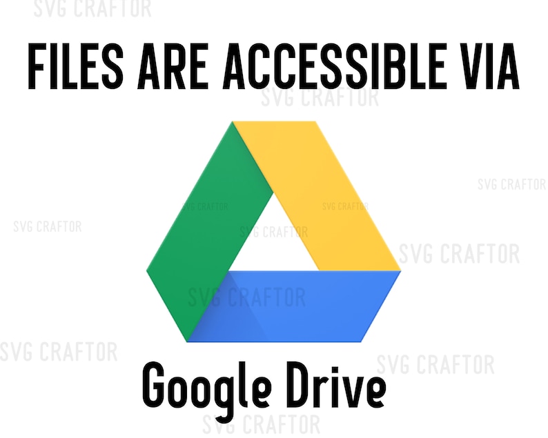 May include: A blue, green, and yellow Google Drive logo with the text "FILES ARE ACCESSIBLE VIA Google Drive" in black.