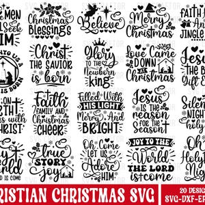 Peut inclure: Un ensemble de 20 designs SVG de Noël chrétiens en noir et blanc. Les designs présentent diverses citations et images religieuses, telles que « Les sages cherchent encore le Seigneur », « Le Christ, le Sauveur est né », « La paix sur terre commence avec le Christ », « Joie au monde », « Ô nuit sainte », et plus encore.