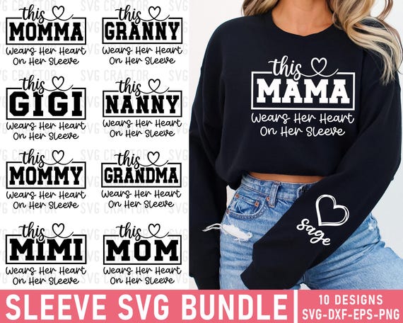 This Mama Wears Her Heart on Her Sleeve Svg, Nana Sleeve Svg, Grandma Sleeve Svg, Custom Kids Names Svg, Mama Heart Svg, Mom Sweatshirt Svg