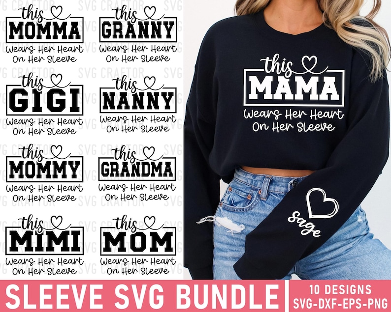 May include: A black sweatshirt with the text "this MAMA" and "Wears Her Heart On Her Sleeve" in white. The sleeve has a heart design and the name "Sage". The image also shows a bundle of SVG designs with various family titles.