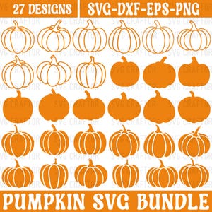 Op de afbeelding: Een set van 27 pompoen SVG-ontwerpen in oranje en wit. De ontwerpen zijn perfect voor knutselen en het maken van herfstprojecten.