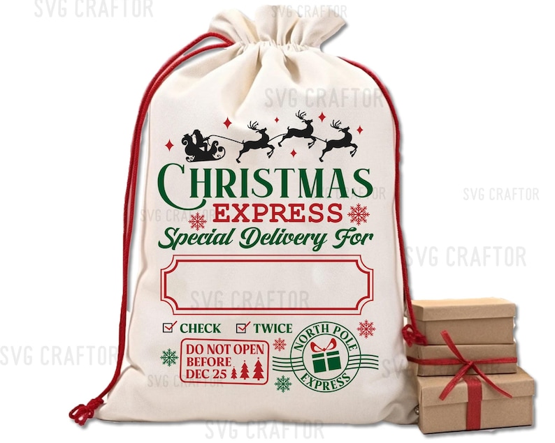 Puede incluir: Una bolsa de regalo de Navidad de lona blanca con ribete rojo y un dise&ntilde;o verde y rojo. La bolsa presenta el texto "Christmas Express Special Delivery For" y un espacio en blanco para un nombre. La bolsa tambi&eacute;n tiene una marca de verificaci&oacute;n roja junto a las palabras "Check" y "Twice" y el texto "Do Not Open Before Dec 25".