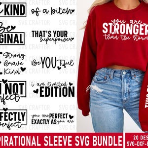 May include: A red sweatshirt with white text reading "You are stronger than the storm". The sleeve features "This too shall pass". The image also includes various inspirational SVG designs.