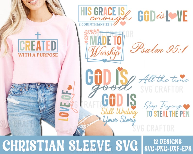 May include: A set of 12 Christian-themed SVG designs featuring colorful text and graphics. The designs include phrases like "His Grace is Enough", "Made to Worship", "God is Good", and "Love of Jesus".