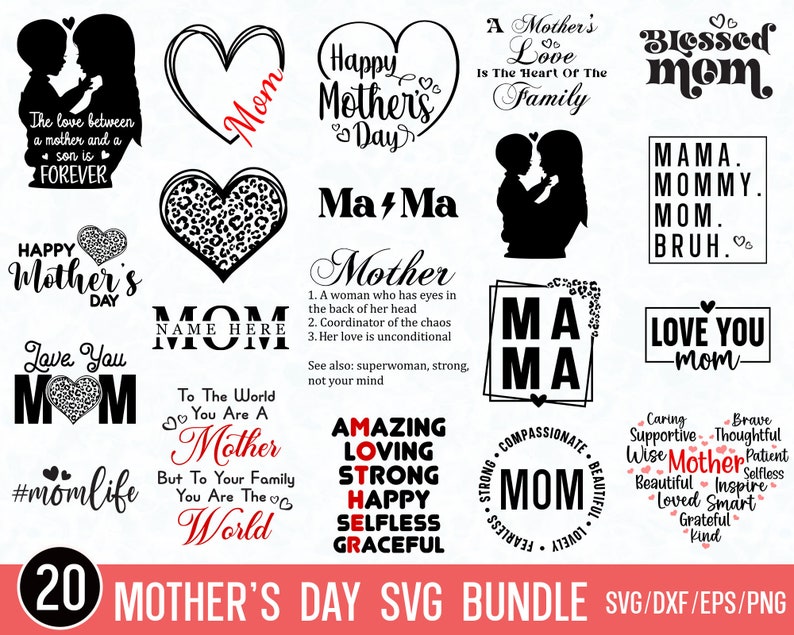 May include: A set of 20 Mother's Day SVG designs. The designs feature various phrases and images related to mothers, such as "Happy Mother's Day", "Love You Mom", "Blessed Mom", and "To The World You Are A Mother".