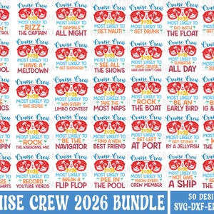 Może przedstawiać: Zestaw 50 wzorów Cruise Crew 2026. Każdy wzór zawiera czerwone okulary przeciwsłoneczne, kotwicę i tekst, np. "Most Likely To Have A Meltdown". Tekst jest w różnych kolorach na białym tle.