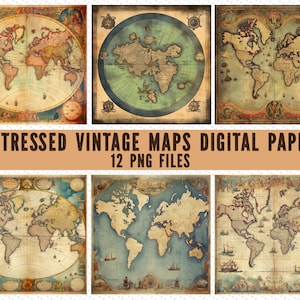 Beunruhigte Vintage Karten Digitale Papiere, alte Weltkarten, Vintage Weltkarten, digitale Karten, antike Karten, png, Midjourney Prompts